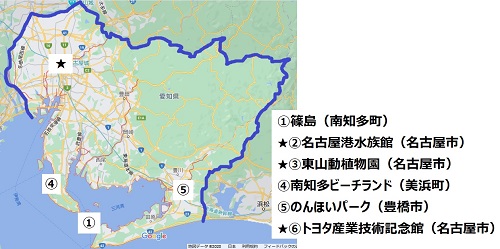 愛知県の観光スポットマップ